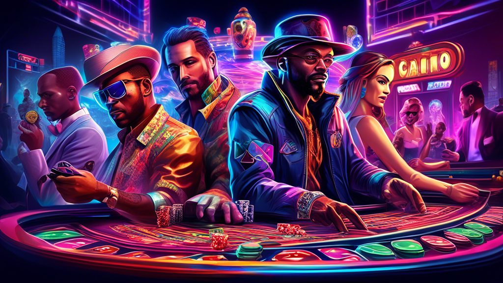 Create a vibrant digital artwork showcasing a dynamic collage of iconic PlayStation game characters engaging in a high-stakes, neon-lit casino setting, with elements of popular casino games like poker, slots, and roulette seamlessly integrated into their universe.