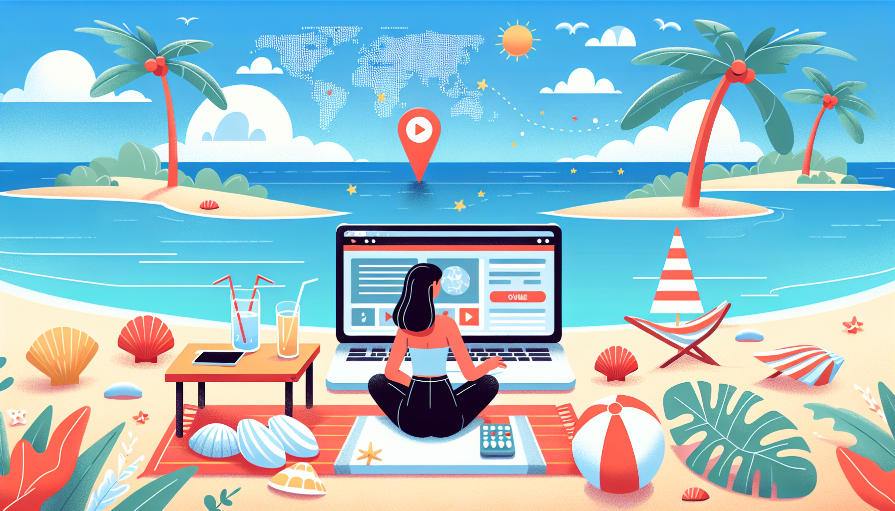 Illustration of a person enjoying streaming service on a laptop. The person is located on a beautiful tropical beach, indicating that they