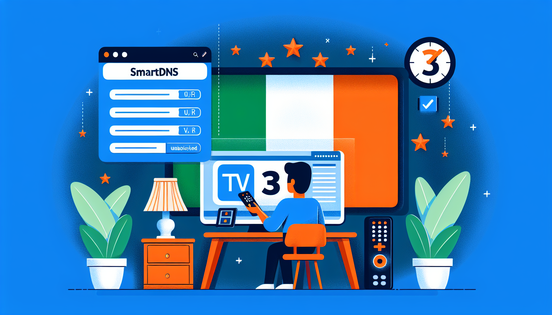 Illustration of a person using a digital device to configure SmartDNS settings with a noticeable flag of Ireland in the background, and a TV screen displaying the logo of TV3 Ireland successfully unblocked.