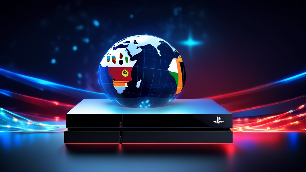 Digital illustration of a sleek PlayStation 4 console connected to a glowing, futuristic VPN network globe, with the backdrop of the Ugandan flag, symbolizing enhanced gaming experience