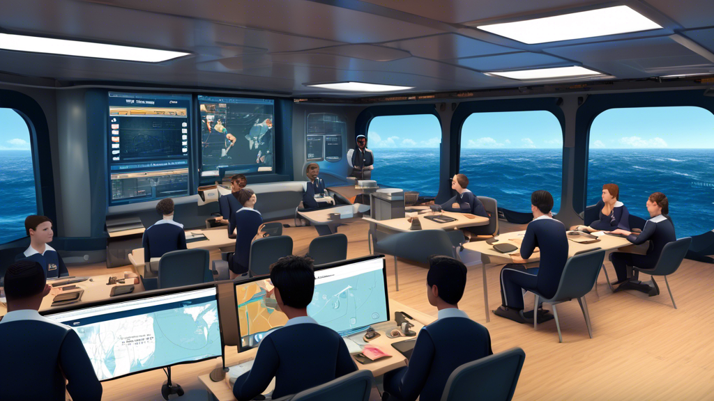 An illustrated digital classroom scene on a virtual ship deck, showcasing students engaged in an online maritime training program with interactive 3D simulations of navigational equipment in the background.