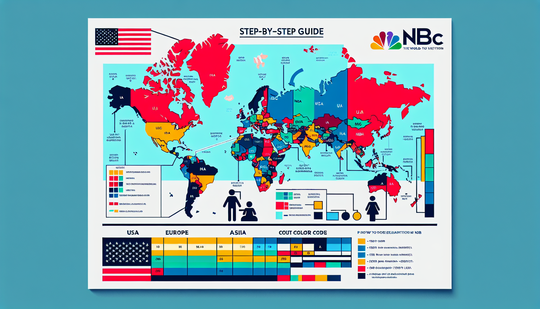 A step-by-step guide illustrated with a world map showing different regions color-coded based on their accessibility to NBC content. The USA is highlighted and arrows are pointing outwards towards other continents such as Europe, Africa, Asia, and Australia, each with its own color code. Alongside, there is a chart explaining the color codes and possible ways to access the content from these regions.