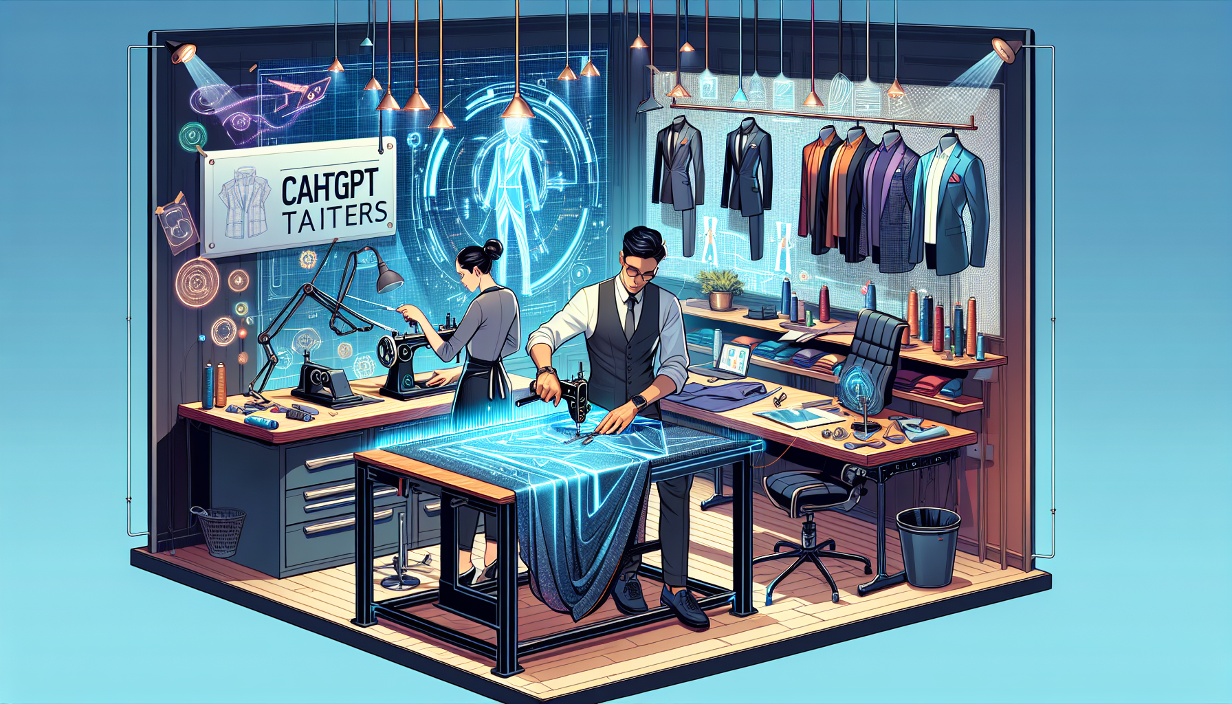 An illustrated scene depicting a high-tech, modern tailoring workshop. The tailor, an Asian man, is seen precisely cutting a piece of luxurious fabric with a pair of futuristic laser guided scissors. On another worktable a Black woman seamstress is seen skillfully sewing together garment pieces using an advanced sewing machine. Holographic blueprints of cutting-edge clothing designs hover above a whiteboard, hinting at the innovative nature of this shop. A logo that reads 