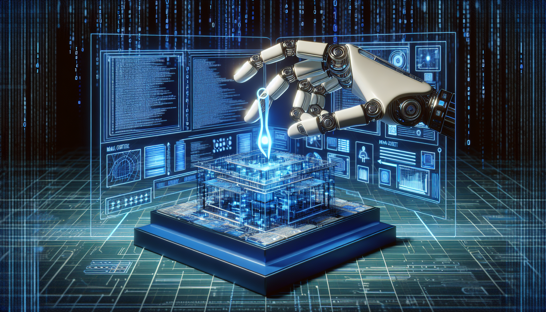 A visual representation of AI-powered web development. Conceptualize this as a large, intricate robotic hand carefully constructing a digital structure that resembles a typical website layout. The layout includes a header, a main content area, and a footer. Around the robot, binary code flows freely, symbolizing the technical aspects behind the construction. The entire setting is inside a vast, futuristic digital workspace. Use vibrant blue and white color scheme for a sleek, advanced technology look.