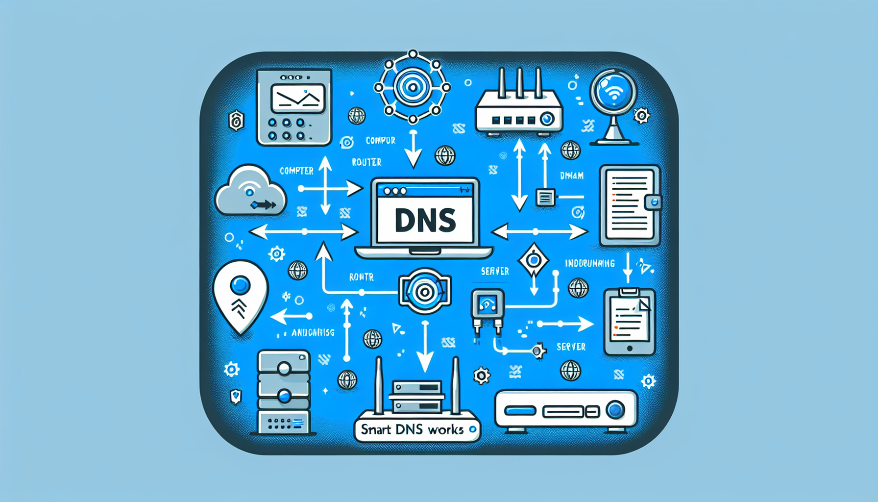 Create a schematic or diagram that explains how Smart DNS works. The image should include elements such as a computer, a router, a smart DNS server, and the internet. Use arrows to show the various steps of the process, and include short descriptions or labels for each part of the process. The aesthetic could be like an infographic or educational poster.