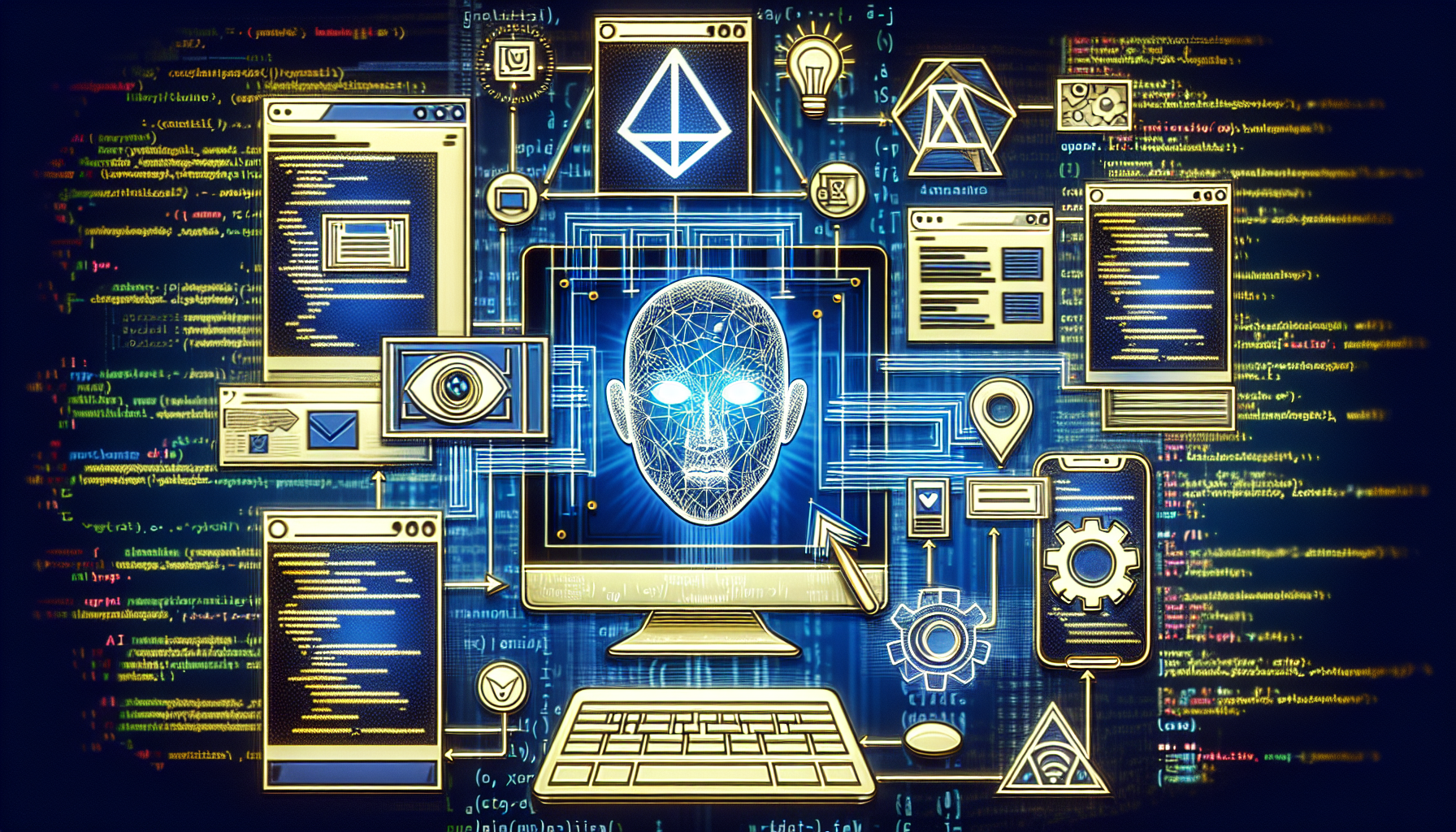Visual representation of the impact of artificial intelligence on web development. Show multiple screens with different websites being displayed, representing various stages of web development process. Beside, depict a symbolic AI entity, such as a robot or an abstract geometric figure, manipulating the screens. The background should be filled with lines of coding languages to signify the AI