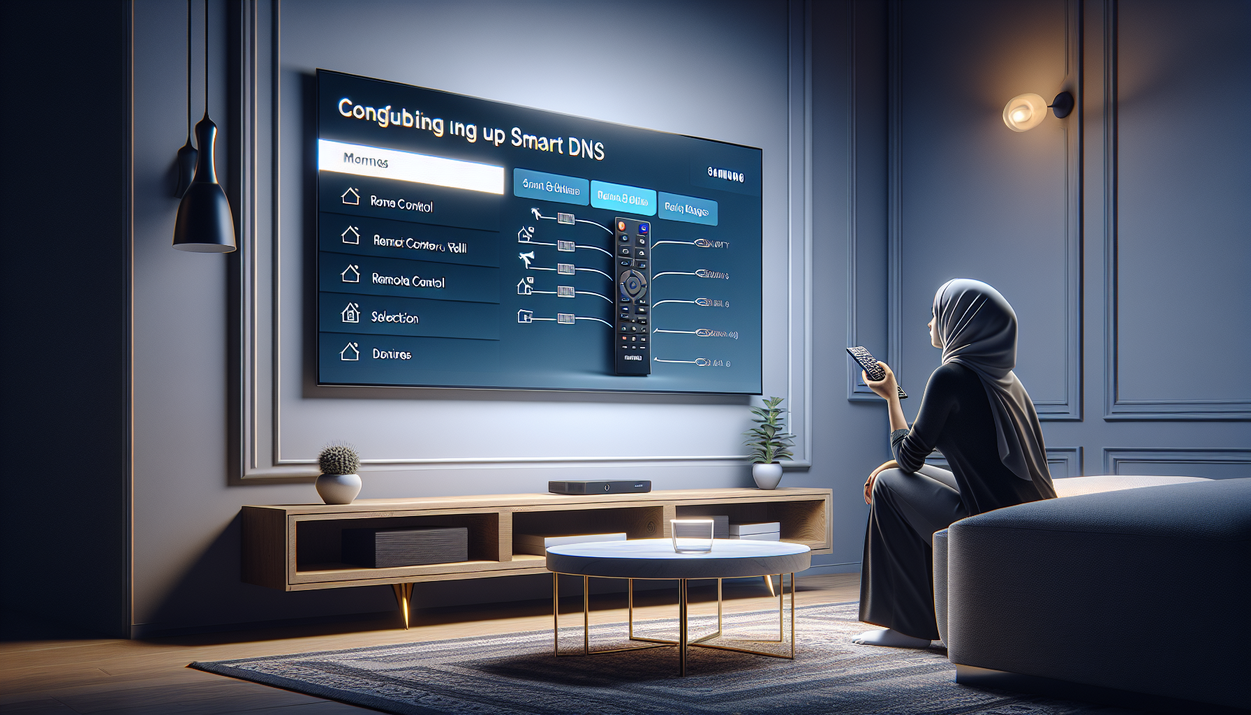 Demonstrate a detailed guide for setting up Smart DNS on a Samsung TV. The image should showcase a modern living room with a sleek Samsung TV mounted on the wall. On the TV screen, step-by-step instructions for configuring Smart DNS settings should be clearly visualized, possibly highlighting the remote control selection process. It may further include a person, let