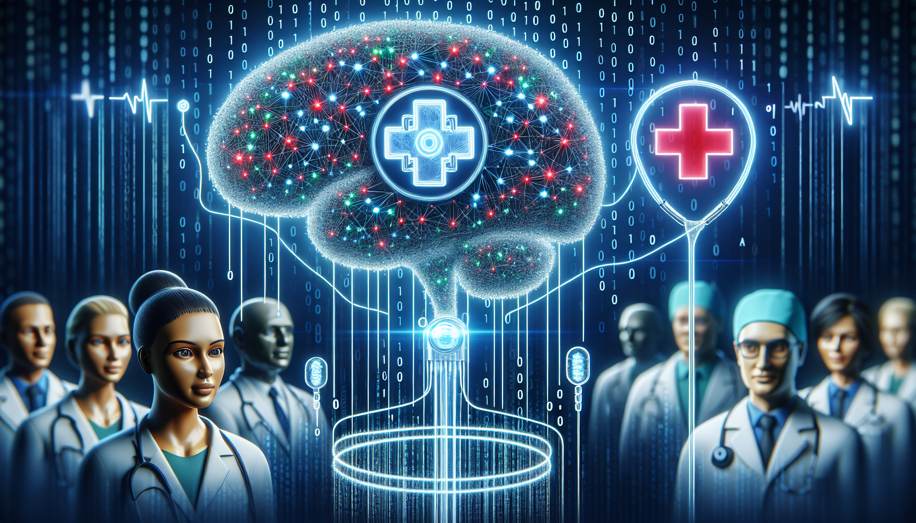 An symbolic representation of how ChatGPT technology is revolutionizing healthcare. The image should show an abstract AI brain symbolising ChatGPT, wires connected to a symbolic health symbol, a stylized red cross, denoting healthcare. Data or code snippets can be shown flowing from ChatGPT to the health symbol. The background can have binary code signifying digital transformation. Also, illustrate a South Asian female and a Caucasian male in medical attire observing this process, symbolizing real people benefiting from these advancements.