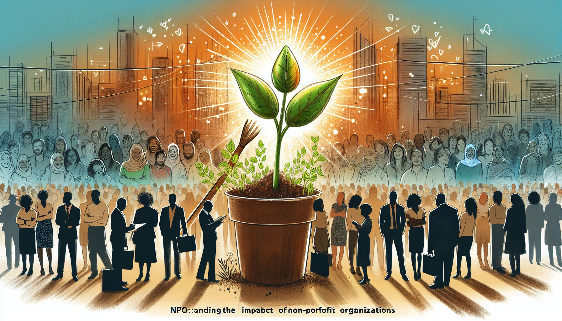 Illustrate a scene with the text NPO Plus: Expanding the Impact of Non-Profit Organizations, with the visual elements of growth and empowerment. Think about a glowing seedling reaching towards the sun, symbolizing growth and potential, and diverse group of people, men and women of different descents like Middle-Eastern, Black, Hispanic, Caucasian and South Asian, working together in a harmonious setting, possibly a mixture of urban and natural environment, implying the wider impact of such organizations.