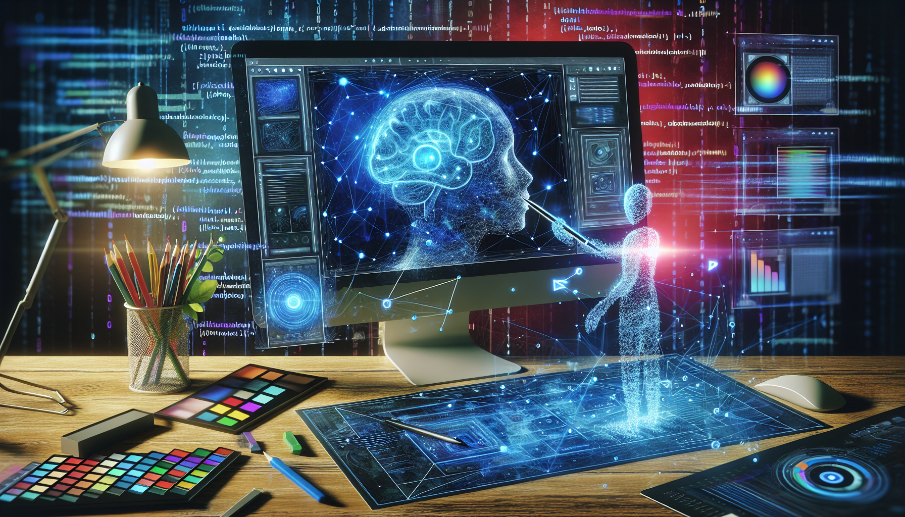 A visualization of Artificial Intelligence principles being used in web design. There is an expansive desktop screen displaying a beautifully conceived website. The website showcases captivating graphics, intuitive navigation, and neat color schemes. Beside the screen hovers a semi-transparent AI entity, denoted by a glowing neural network in the shape of a human brain. It holds a futuristic digital pen, sketching changes to the website design. Behind them swirls a code matrix, representing the backend processes. The scene also includes hints of design tools, color palettes, rulers, and layers symbolizing the depth of design.