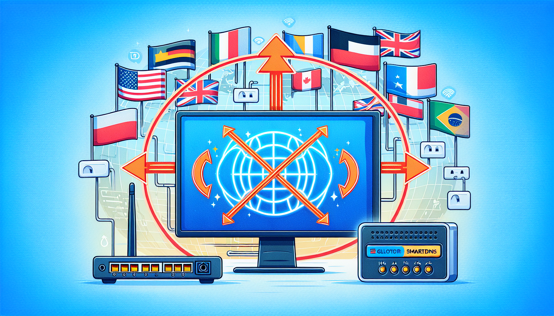 Illustration depicting the process of unblocking a hypothetical TV channel using SmartDNS. In the image, there