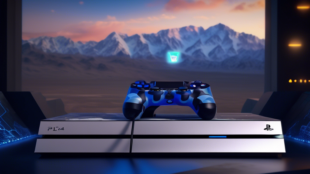 A sleek PS4 gaming console securely connected to a VPN network, against a backdrop of the iconic Afghan mountains and a digital world map highlighting Afghanistan.