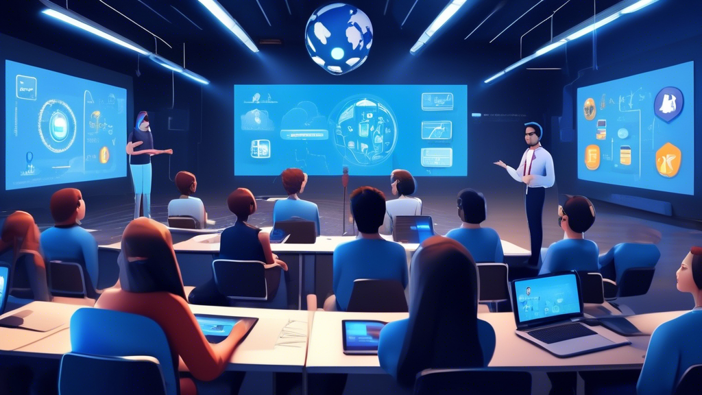 Digital classroom setup showcasing an interactive session on BigBlueButton interface, with a diverse group of students attending a lecture online, all displayed on a futuristic computer screen surrounded by educational icons and symbols, illustrating the concept of online learning and collaboration.