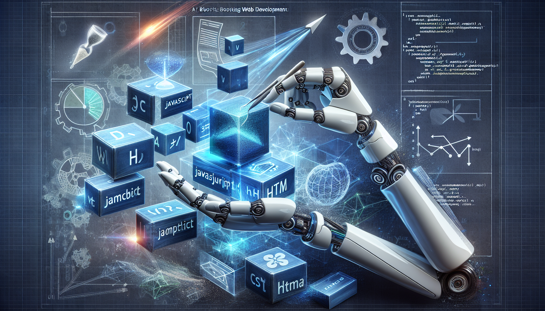 An abstract conceptual visualization of AI boosting web development: depict a robotic hand carefully placing building blocks labeled with coding languages like 