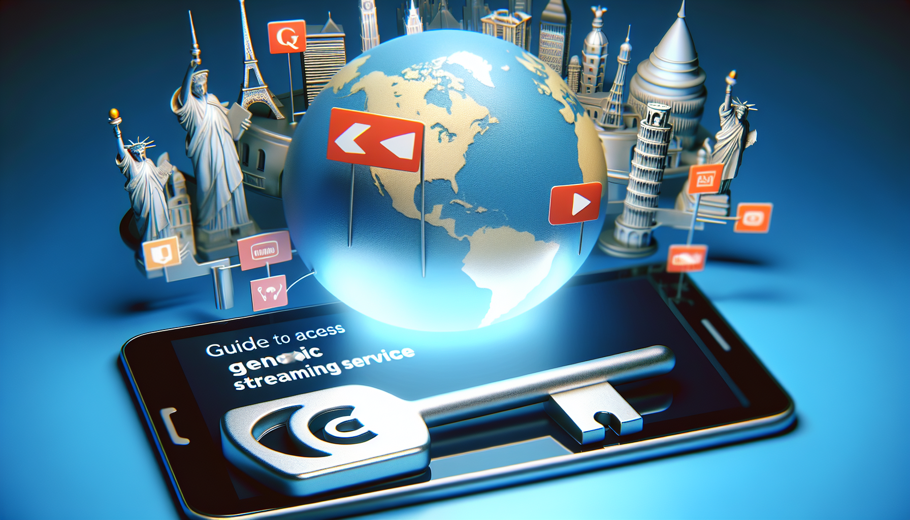 A visual representation of a guide to access a generic streaming service, depicted anywhere around the globe. The image could show a silver key with the logo of a generic streaming service etched on it. This key is inserted into a sleek modern device, symbolizing unlocking the service. Various landmarks from different continents seen in the background, signifying global access. It resembles a travel guide cover with a modern, tech-inspired twist.