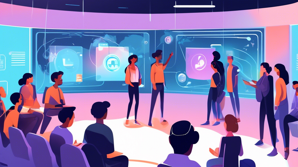 An illustration of a diverse group of students and a teacher interacting in a futuristic digital classroom with floating holographic screens displaying the Moodle logo.