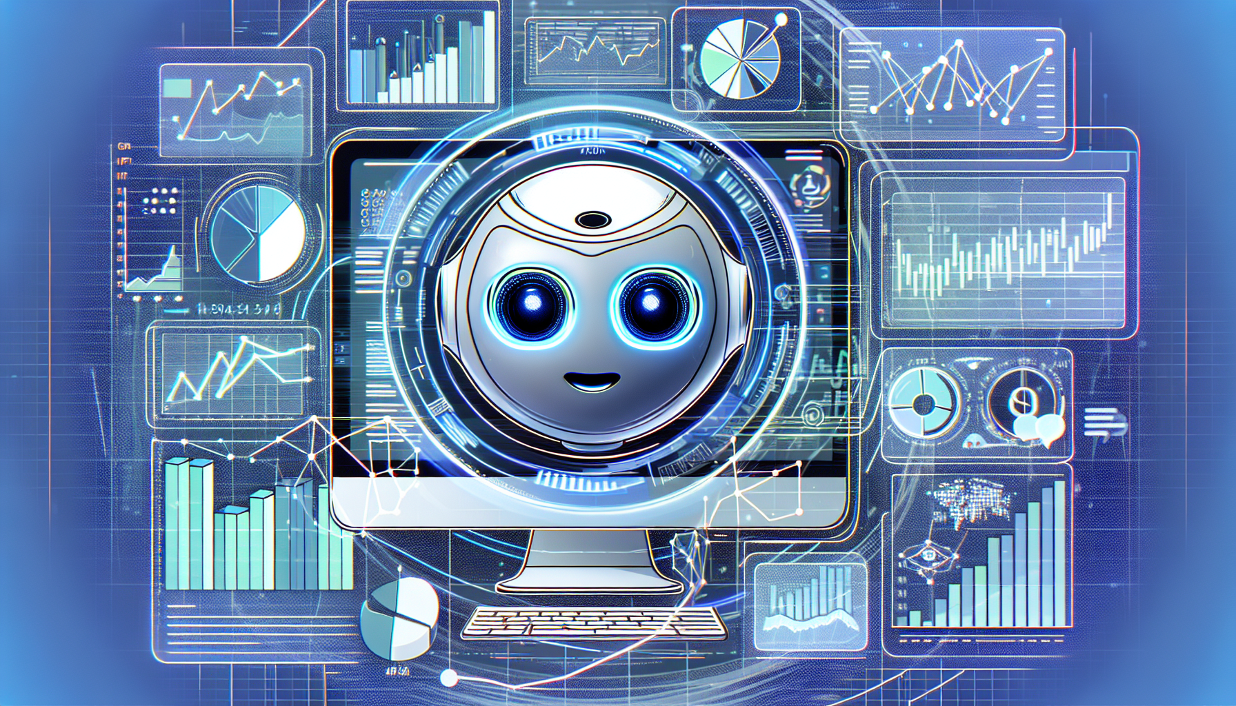 An illustration depicting a Digital Assistant, like ChatGPT, involved in financial analysis. The AI assistant is shown on a computer screen, surrounded by multiple data visuals like graphs and charts. It processes financial data inputs to generate insightful analysis. The image portrays collaboration of artificial intelligence with financial data to enhance the decision-making process.