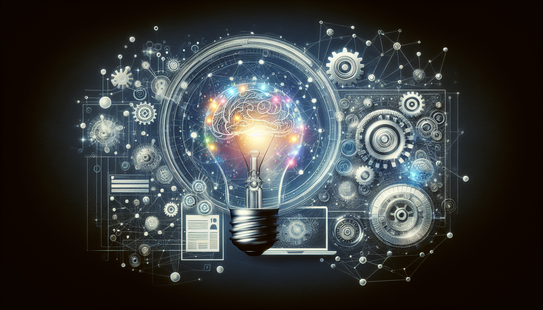 Visualize the concept of using advanced artificial intelligence, exemplified by a theoretical ChatGPT-4, for innovative website content creation. Imagine a sleek, modern website interface displaying dynamic, engaging content. Scatter through the image symbols of creativity - perhaps a light bulb, or an abstract representation of a brain. Also incorporate symbols of artificial intelligence, such as a cogs and silver neural networks. Ensure the overall setting is professional and conveys the intersection of tech and creativity.