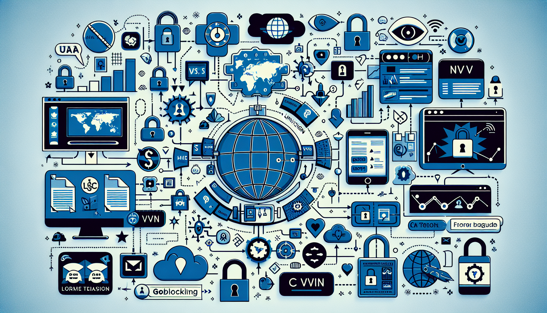 A detailed visual guide to accessing Univision content from a location outside the United States. The guide includes various steps such as using VPNs, understanding geoblocking, and navigating through a foreign language interface. Some of these steps are represented by various visual symbols such as a globe icon, a lock symbol, and a language translation tool.