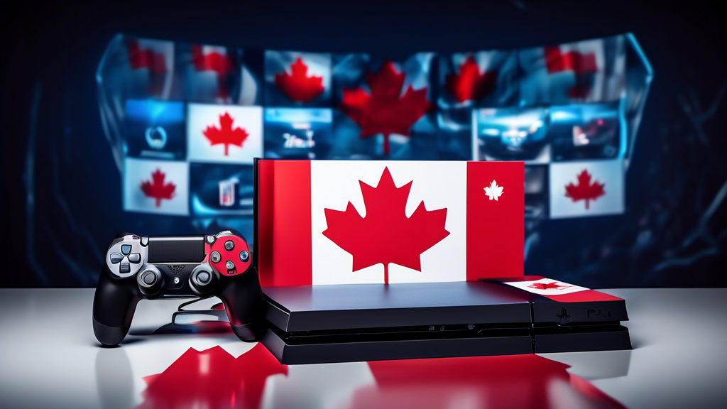 A sleek PlayStation 4 console surrounded by the Canadian flag, with various abstract symbols representing top VPN services emerging from the console, all set against a backdrop of a high-tech, digital gaming world.