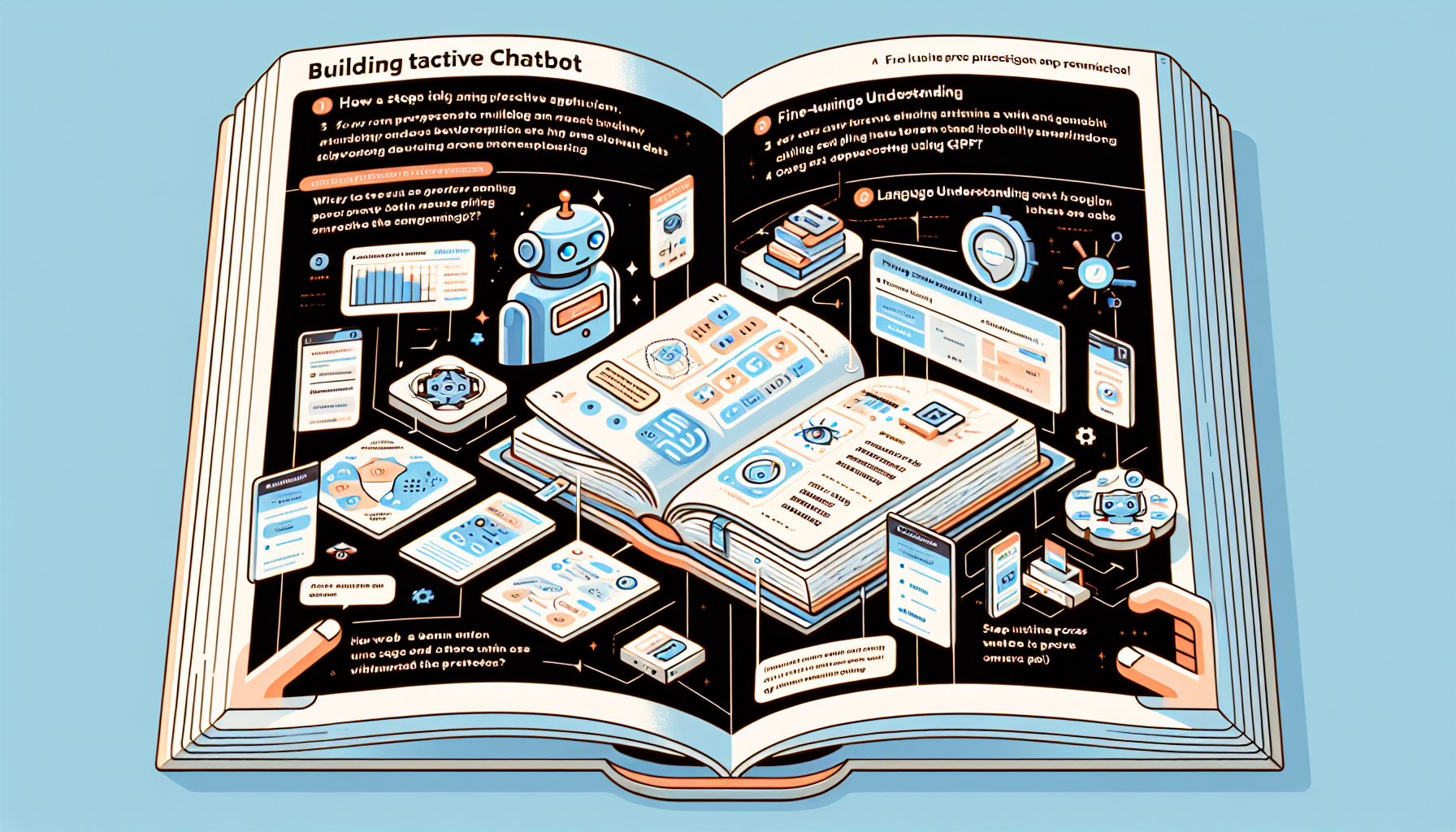A detailed illustration of a comprehensive guide about building interactive chatbots using ChatGPT. The image presents an open book with information and diagrams on several pages. First page shows an overview of what ChatGPT is, accompanied by a simplistic diagram representing language understanding. On the next page, it exhibits several steps for building an interactive chatbot using ChatGPT, each step is illustrated visually. There are highlighted areas emphasizing on key components and concepts, such as fine-tuning process and OpenAI