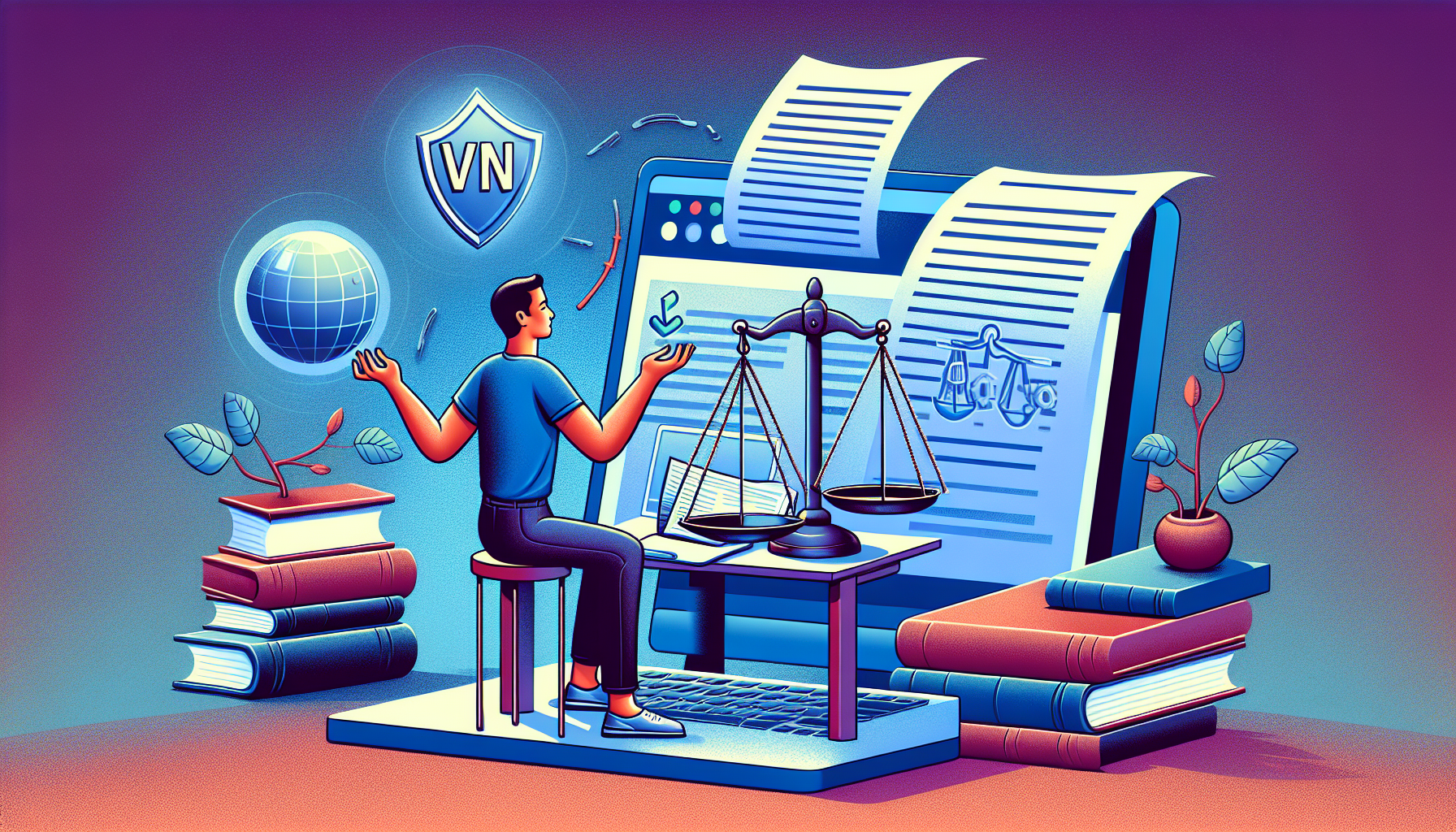 A conceptual illustration showing a person behind a computer, using a Virtual Private Network (VPN) to access a website, with a balance scale nearby signifying the concept of legality. The person is shown as juggling various elements related to VPN use, while legal tomes and paragraphs hover in the background. Our protagonist is a South Asian male, wearing casual cloths. The computer screen reveals a non-specific network logo.