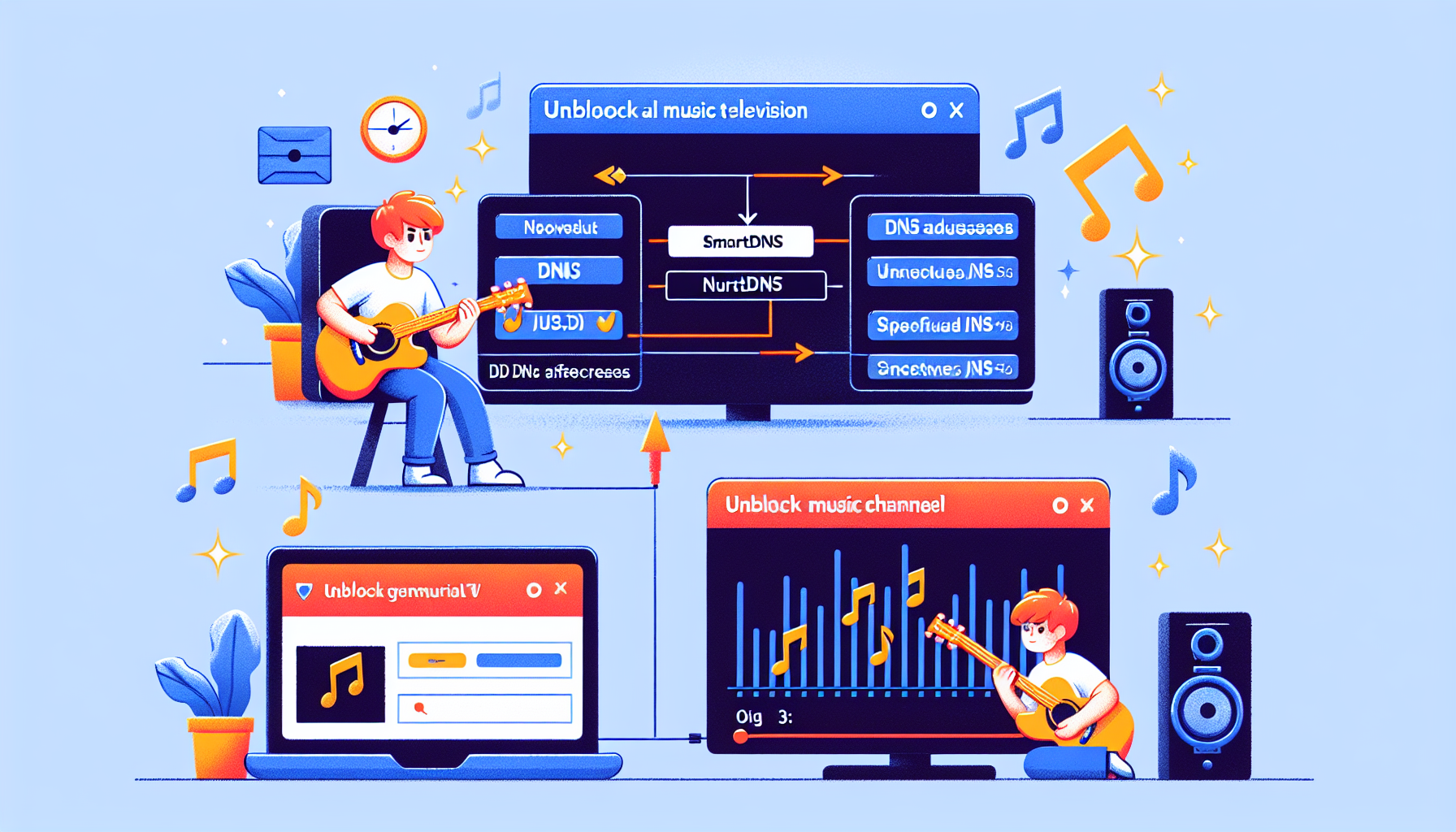 A step-by-step guide illustration on how to unblock a general music television channel using a concept of SmartDNS. The illustration should include the procedure involving typing in specific DNS addresses, followed by confirming the settings. Additionally, show an aftereffect where the music television channel, previously unavailable, is now accessible and playing music videos on the user