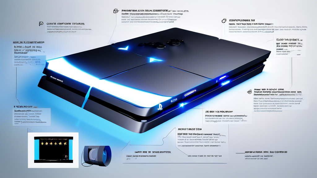 Detailed illustration of a PS4 Slim console with highlighted features and glowing five-star review symbols in a futuristic tech magazine layout.