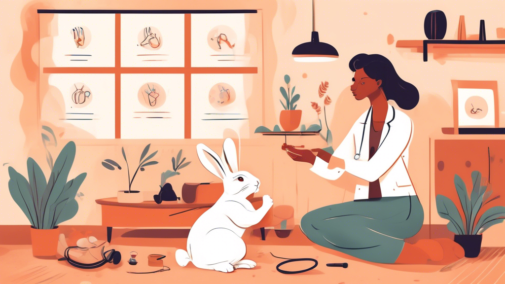 An illustrated guide depicting a veterinarian gently teaching a rabbit to stop chewing wires, with infographics on common rabbit behaviors and solutions, set in a cozy living room.