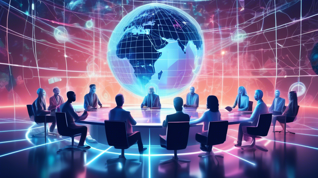 Digital illustration of a futuristic online conference where holographic projections of participants from around the world collaborate in a virtual meeting space amidst a backdrop of a digital globe and network lines.