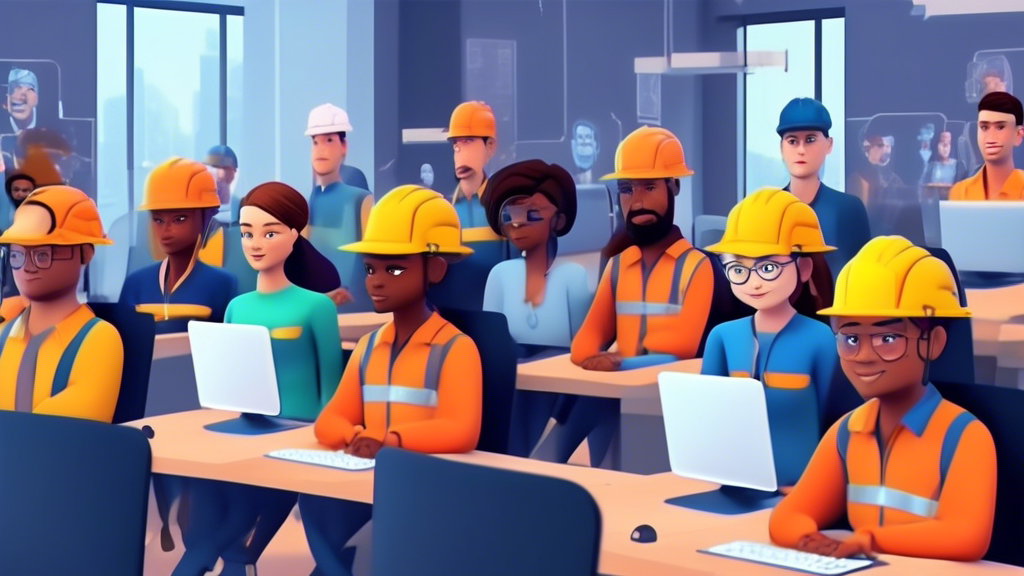 An animated digital classroom with diverse avatars as construction workers attending an online safety training webinar on their computers, with interactive safety equipment and a virtual instructor explaining concepts.