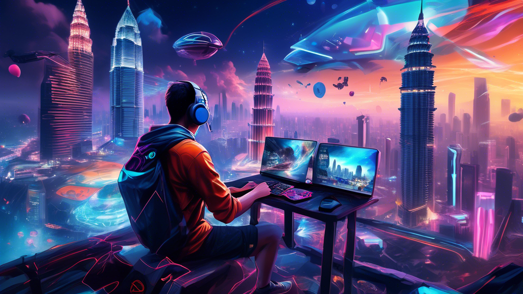 An epic digital painting of a gamer using a PlayStation 4 surrounded by futuristic VPN data streams and the iconic landmarks of Malaysia in the background.