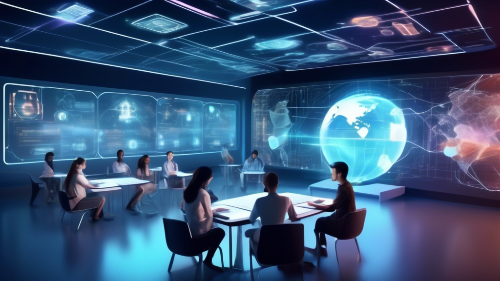 A futuristic virtual classroom with diverse students attending a lecture through holographic interfaces, inside a sleek, high-tech e-learning academy, with digital textbooks floating and interactive global connectivity maps glowing in the background.