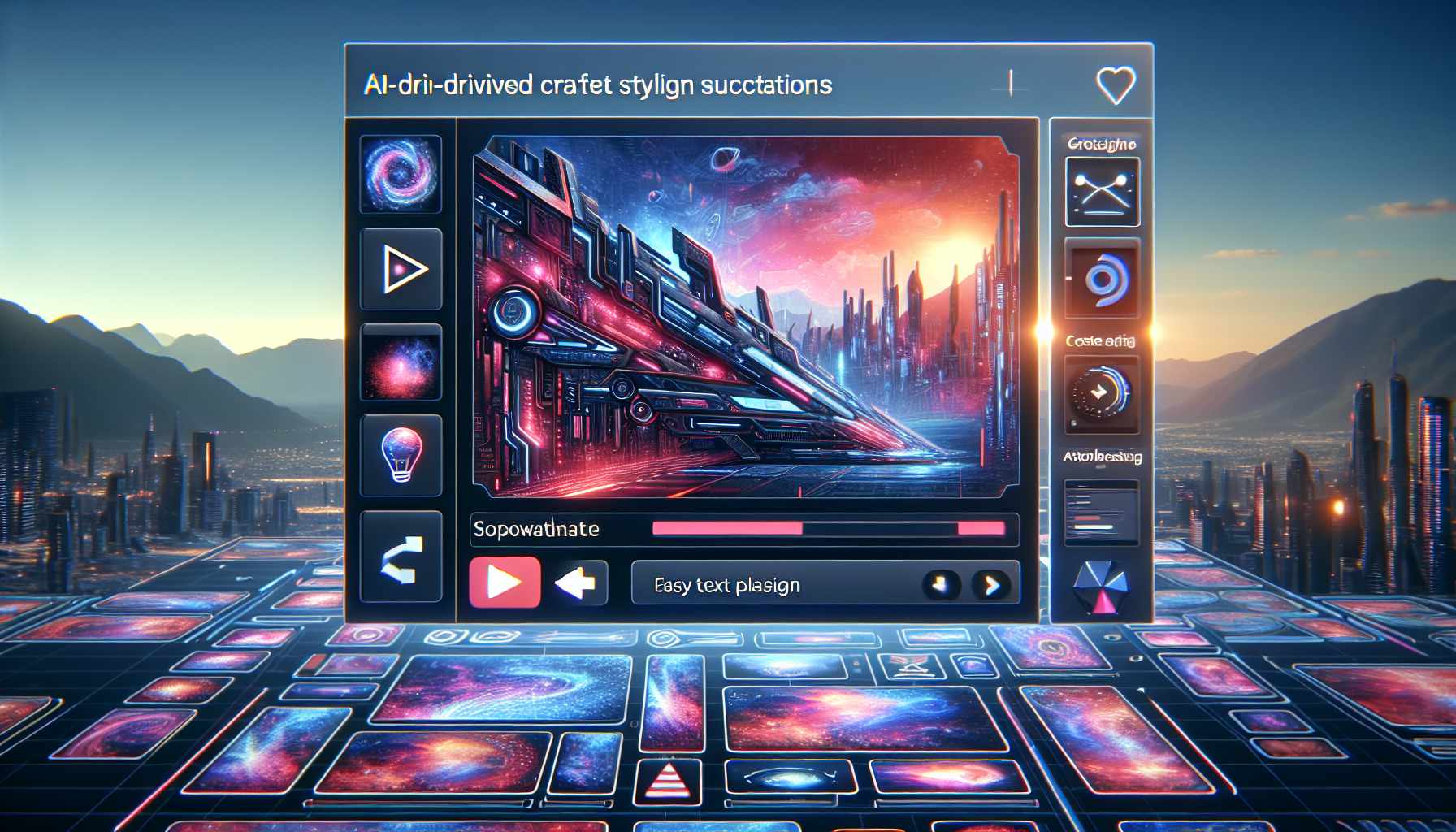Create an image representing a futuristic, high-tech software interface. It should be designed specifically for creating YouTube thumbnails. The interface should highlight key features such as AI-driven design suggestions, easy text placement, and automatic image generation, evoking efficiently crafted stylized thumbnails. The backdrop should include a vibrant digital landscape, hinting at the world of YouTube content creation. The software name should be prominently displayed and there should be a collection of example thumbnails generated by this software demonstrating various genres of YouTube content.