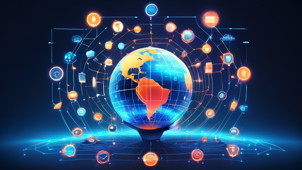 A futuristic digital collage showcasing the top 11 free AI tools for affiliate marketing in 2024, each represented by a visually distinct, glowing icon orbiting around a central, digital globe. The scene is illuminated by beams of light connecting the tools, symbolizing connectivity and innovation in the digital marketing space.