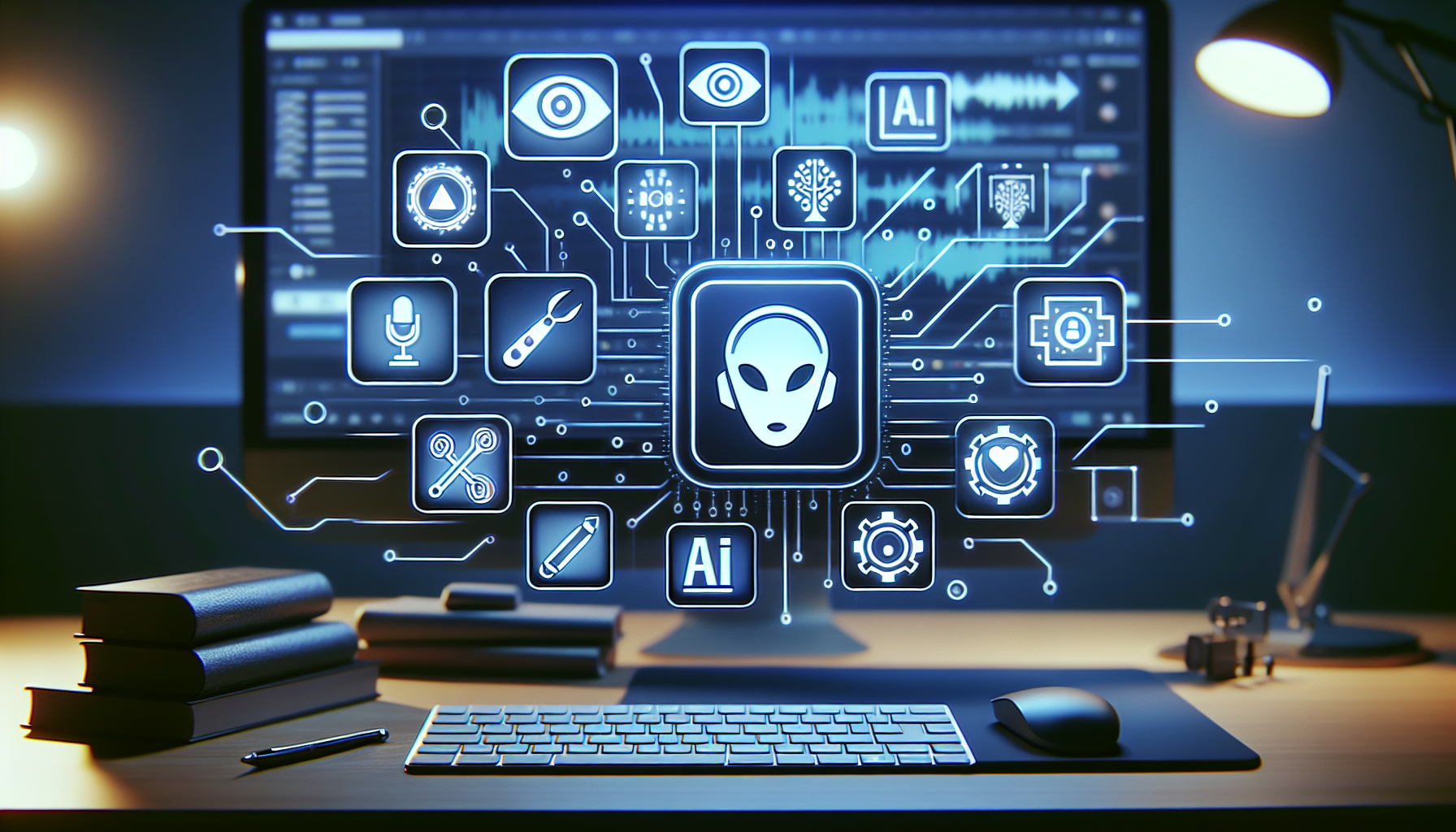 A graphical depiction highlighting the top AI tools used for editing YouTube videos. The image shows various virtual icons or logos, each representing a different AI tool. There