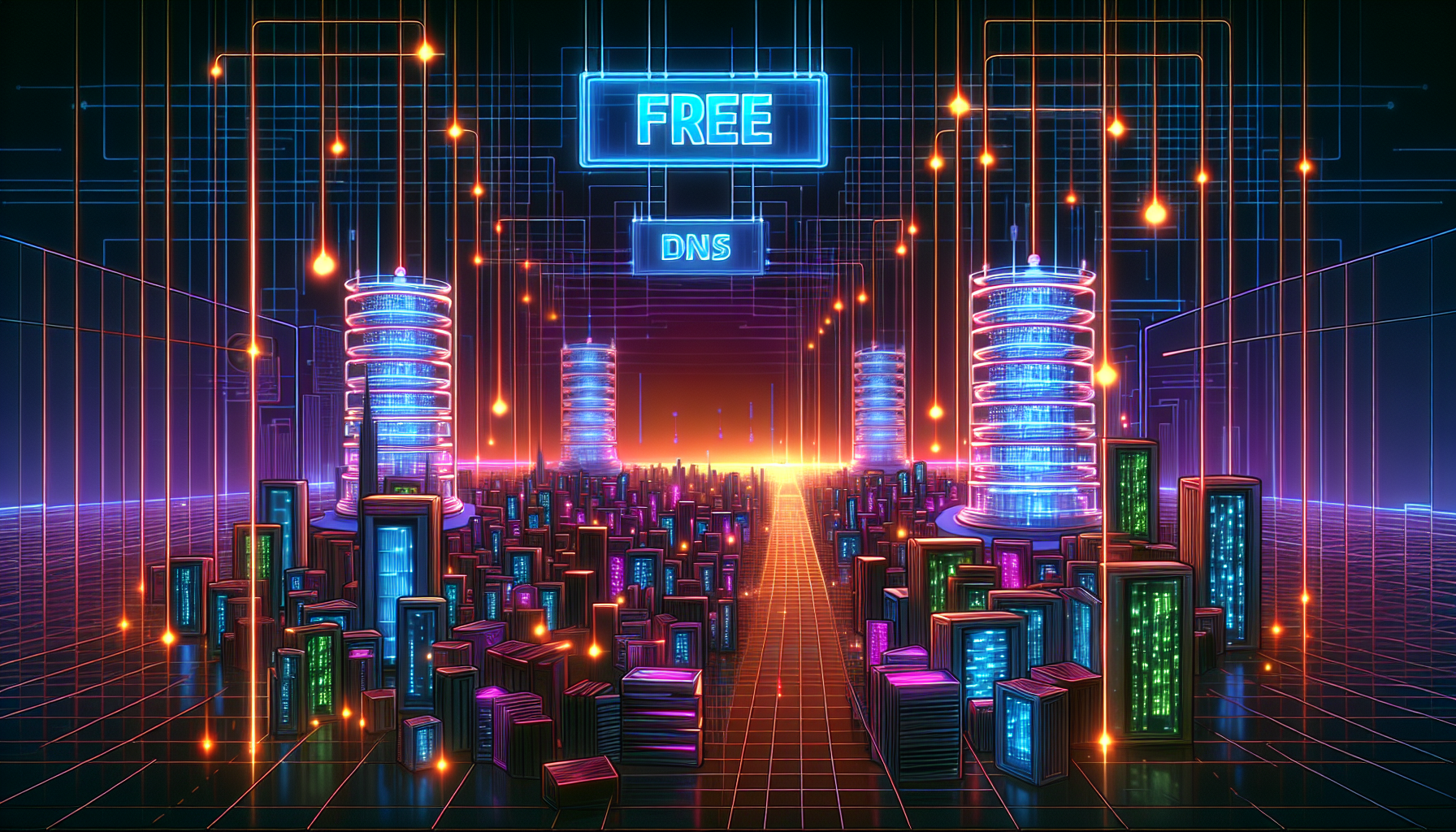 An illustration of an abstract concept: Free smart DNS services. Picture a futuristic landscape where digitized streams of data flow through smartly configured DNS servers. They are represented as sleek, modern towers against a neon skyline. Data packets, glowing and pulsating, are moving in and around these towers. In the background, a large, glowing sign reads 