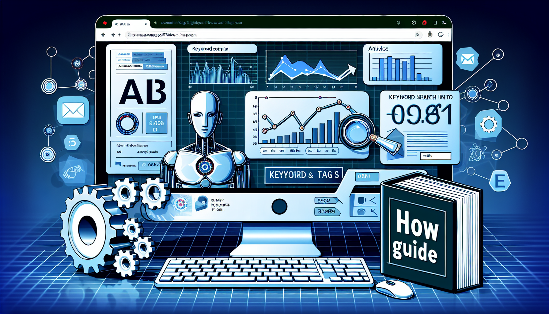 A detailed illustration showing the process of optimizing YouTube SEO with artificial intelligence. The image portrays a digital interface with analytics graphs, keyword search inputs, and AI-driven suggestions. Also depict a computer screen where these elements are visible and an AI symbol suggesting optimal keyword or tag. Please also include a book titled 