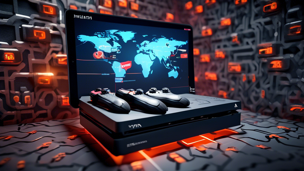 A sleek PlayStation 4 console surrounded by digital padlocks and VPN tunnel graphics, with a map of Yemen in the background, illustrating secure online gaming connectivity.