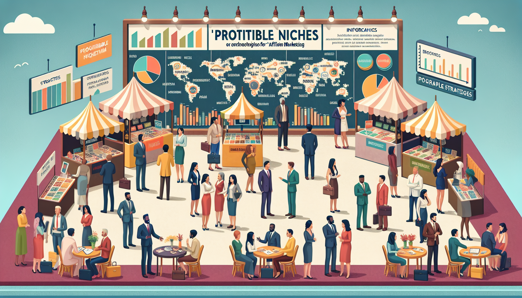 Visualize a scene of a lively business bazaar or marketplace where stalls are uniquely designed with symbolic representations of 