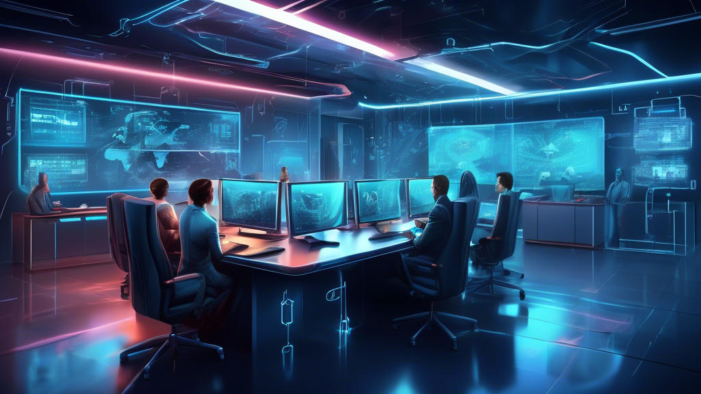 Detailed digital painting of a modern, secure video conference setup, showcasing encrypted data streams and cybersecurity symbols in a futuristic office environment.