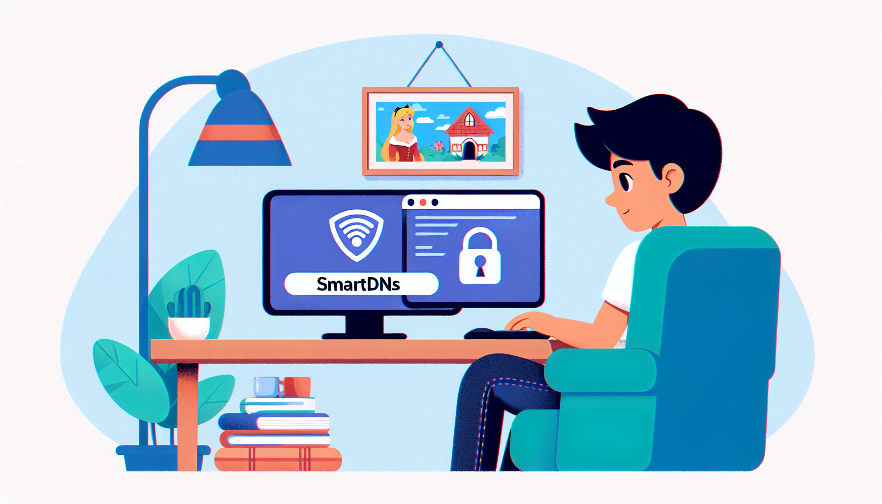 Illustration of a person from any ethnic background using a computer to access streaming content using SmartDNS. The streaming content could be from a generic, non-branded streaming service. The environment around the person could be a cozy living room setup. Please avoid any Disney+ logos or references to avoid copyright issues.