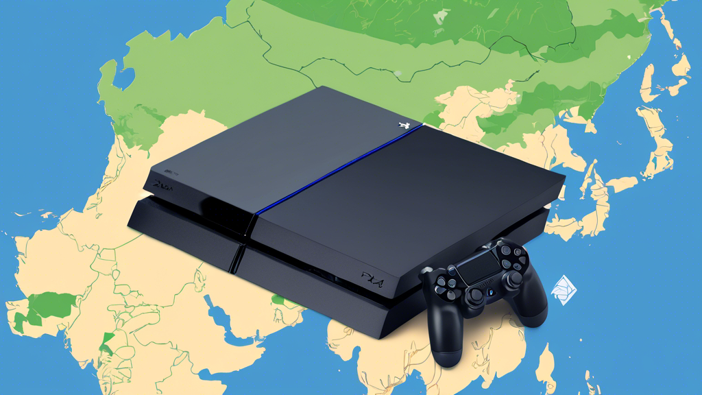 An illustration of a PS4 console connected to a VPN network, with a digital map of Nepal in the background.