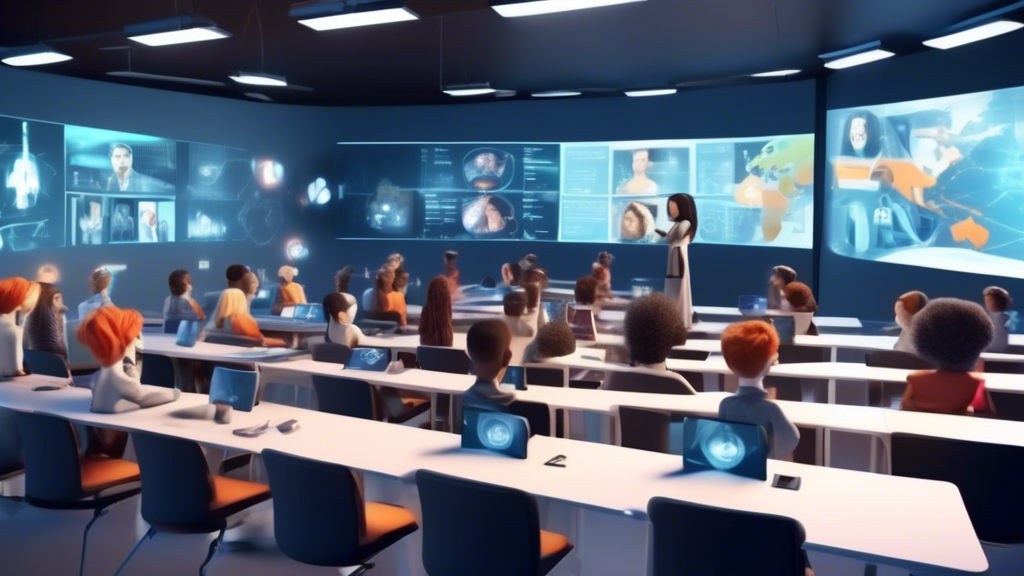 Digital classroom with diverse avatars using innovative videokonferenz-tools for training and education, featuring interactive screens and virtual reality elements, in a futuristic setting.