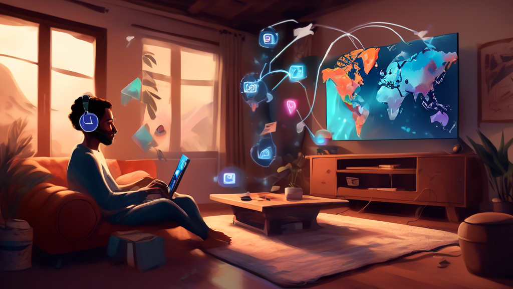 A digital painting of a person quietly using a VPN on a PS4 console in a cozy living room in Venezuela, with abstract symbols of global connectivity floating in the air around them.
