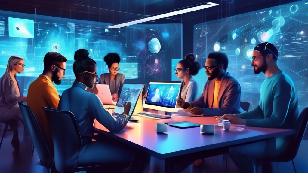 Digital painting of a diverse group of people engaging in a productive online meeting with innovative technology tools and virtual collaboration software in a futuristic workspace setting.