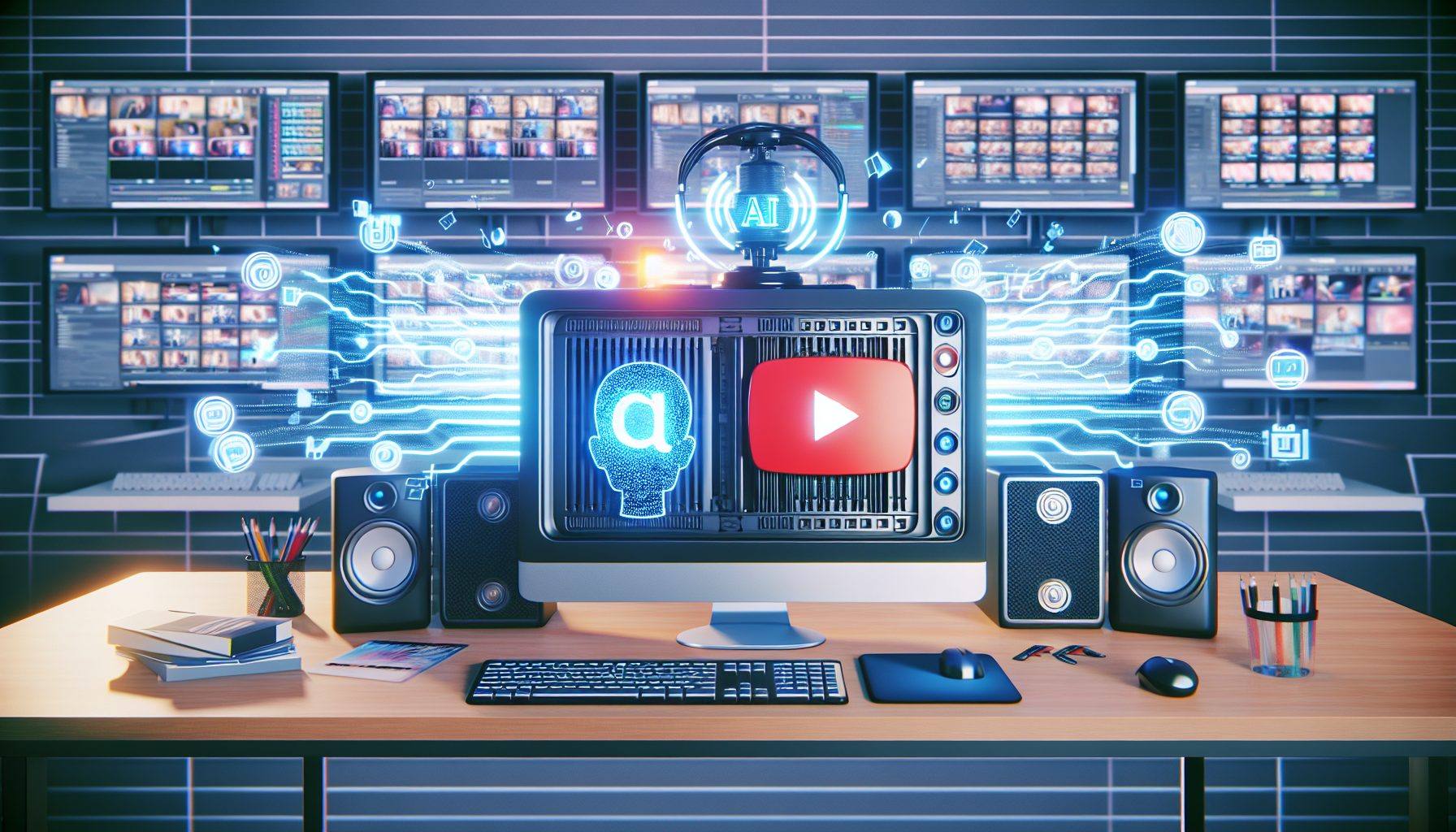 Illustrate an AI computer system with a YouTube logo on its screen, which is generating content for a video. Show the AI machine in a creative office setup, filled with multiple monitors displaying various stages of video creation such as scripting, editing, and rendering. Add streaming light rays coming from the machine to symbolize the transformation of data into video content. Also, ensure the AI device has a sleek, futuristic design.
