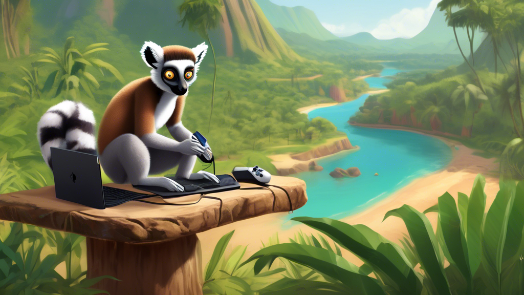 An illustrated step-by-step guide showing a lemur setting up a VPN on a PS4 console in the lush landscapes of Madagascar.