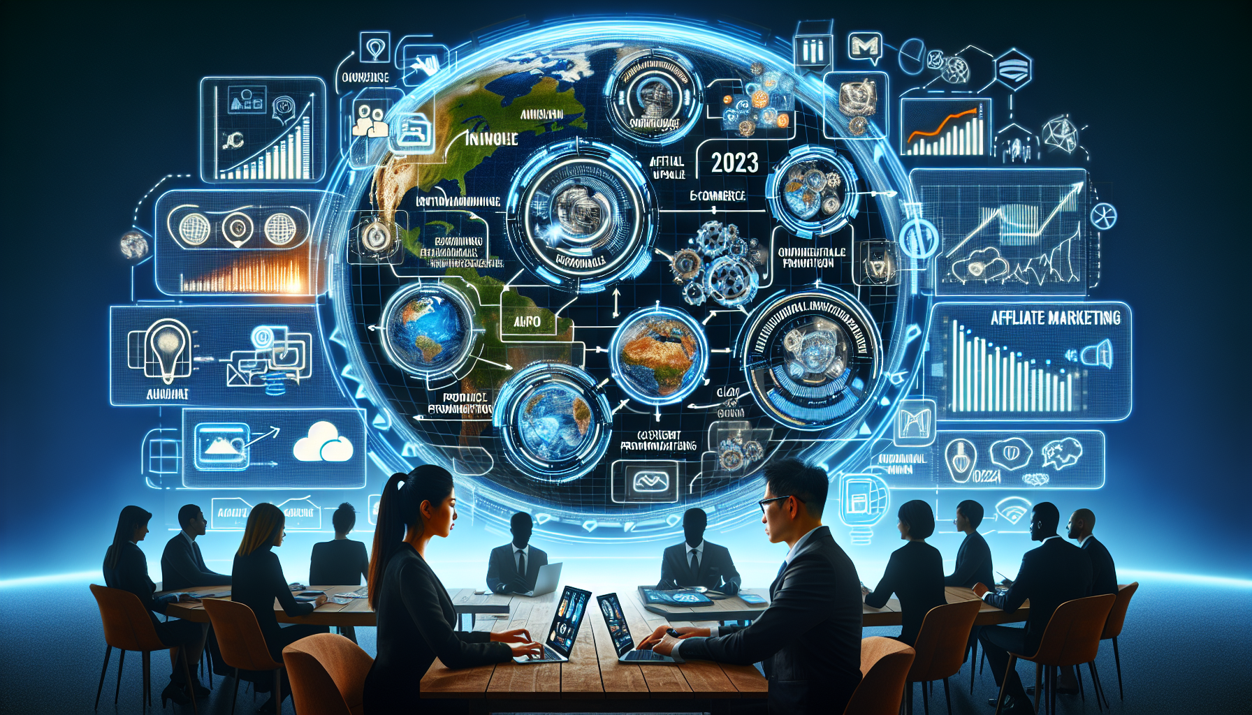 Visualize a futuristic digital landscape representing the 2023 update of affiliate marketing trends. Include graphics related to e-commerce, social media icons, innovative digital marketing tools, graphs indicating growth and progress, and multilingual communication symbolizing global reach. Also, display a comprehensive flowchart depicting the process of affiliate marketing, from content creation and product promotion to customer engagement and revenue generation. As part of this digital landscape, depict a diverse group of affiliate marketers - an Asian woman, a black man, and a Middle-Eastern man - brainstorming and analyzing these trends.