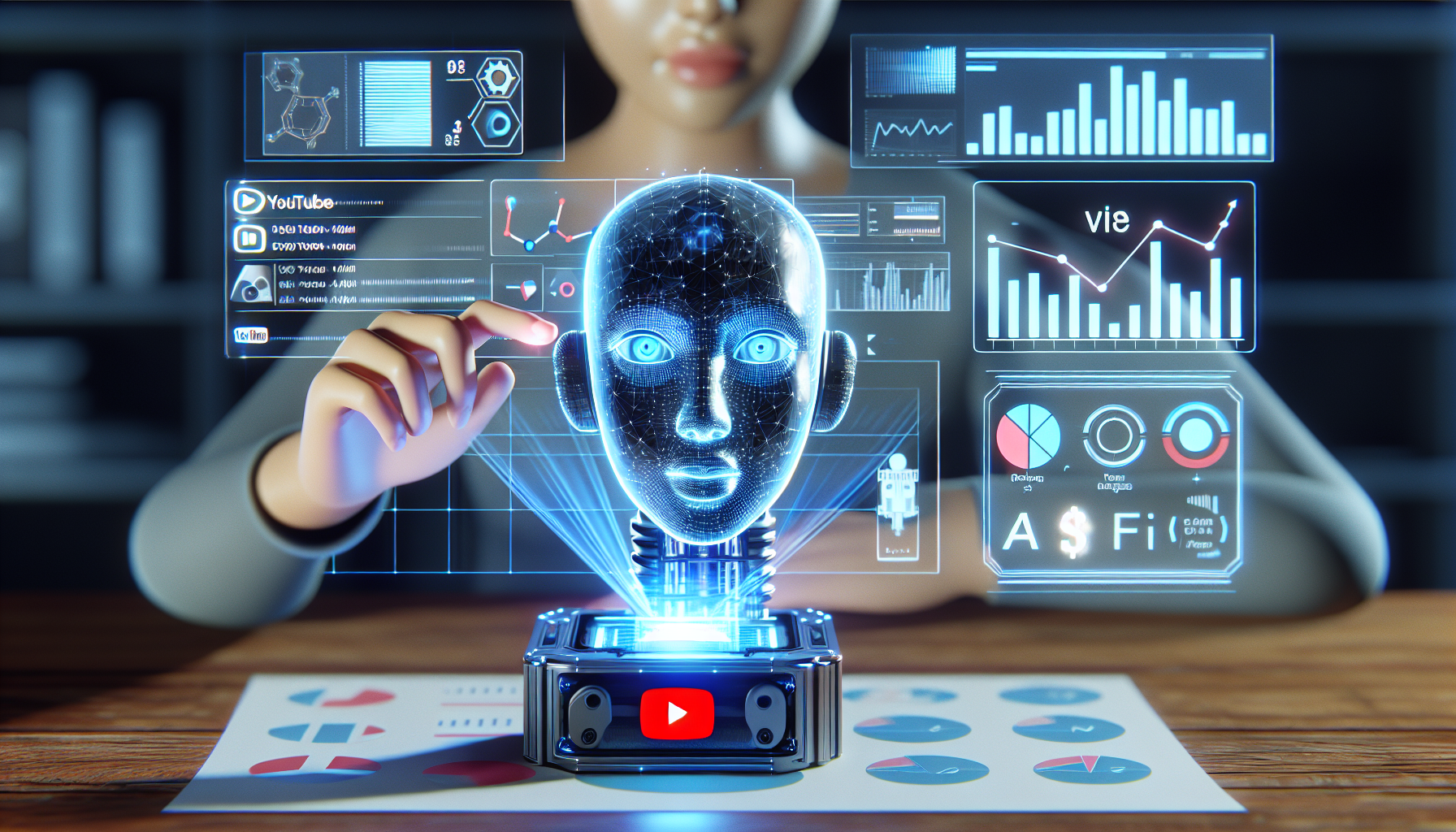 An image showcasing the process of utilizing AI technology to master YouTube analytics. The scene includes a futuristic AI device with an animated face actively processing data on a holographic display that is showing graphs and statistics related to YouTube analytics.